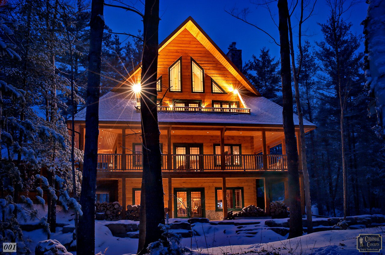 Log home at night, winter, Peterborough Ontario