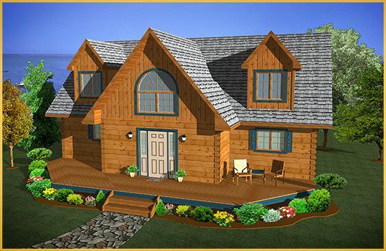 log home 3d rendering redwood model