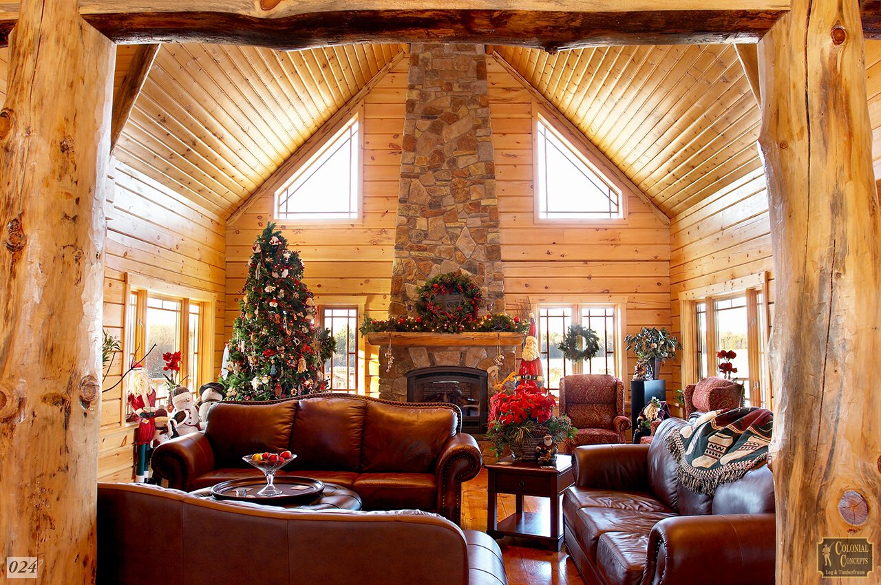 Log home living room with fireplace at Christmas, Southern Ontario