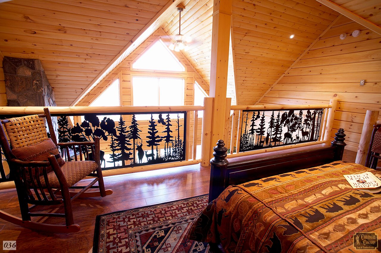 Log home loft bedroom with custom railings, Ontario